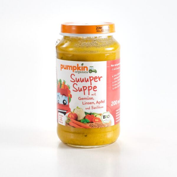 Supp juurviljad-läätsed-õun-basiilik alates 12 kuud 200ml (klaaspurk) Pumpkin Organics