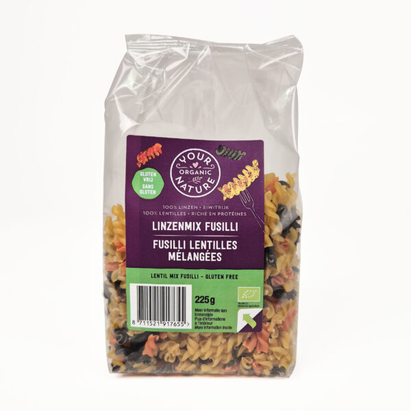 Kolmevärviline fusilli läätsedest 225g Your Organic Nature